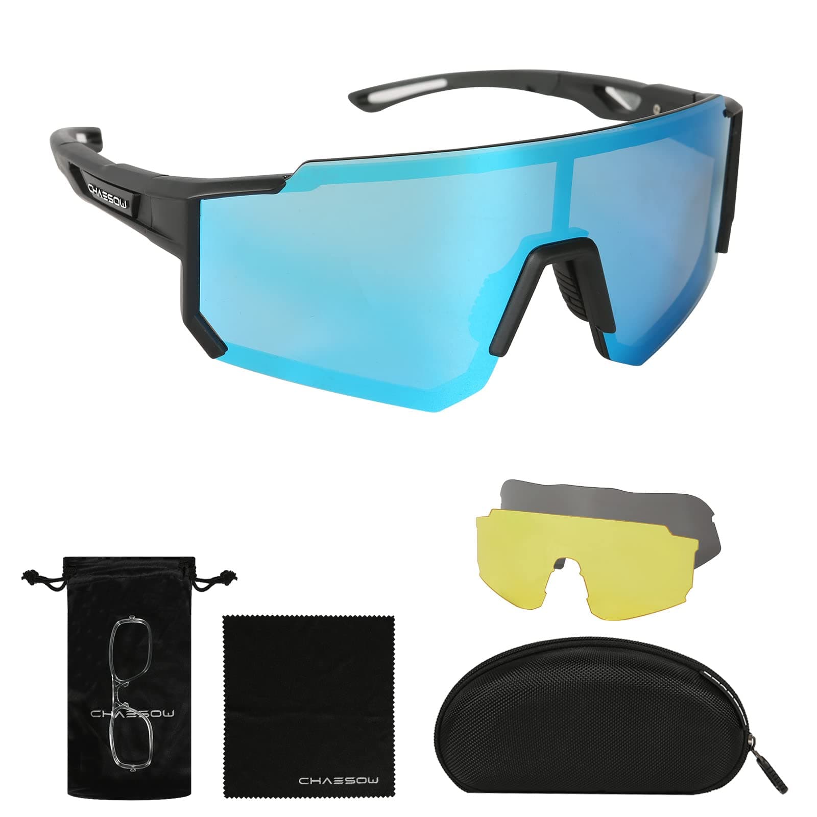 CHAESOWCycling Glasses Polarized, 3 Interchangeable Lenses, UV Cycling Sunglasses Mens Womens, Sport Sunglasses