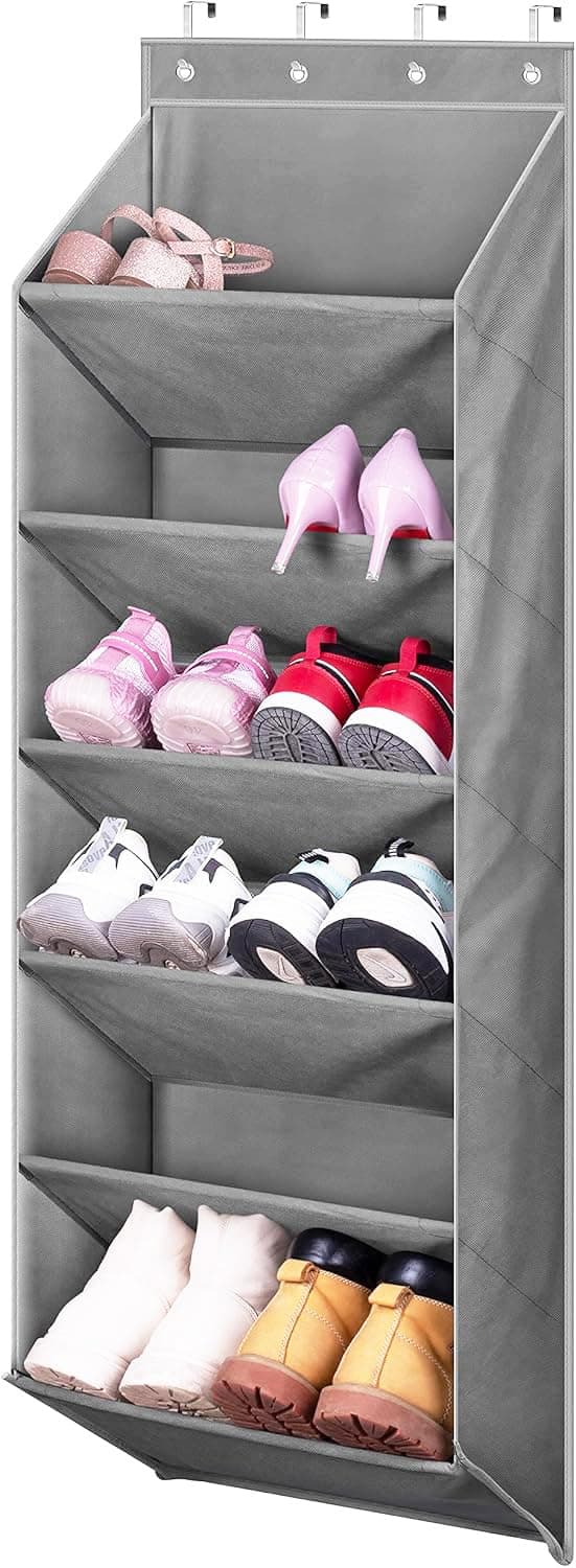 MISSLO Door Shoe Rack With Deep Pockets Over the Door Shoe Storage Organiser for Narrow Closet and Dorm Holds 12 Pairs Shoe Hanger Organizer, Grey