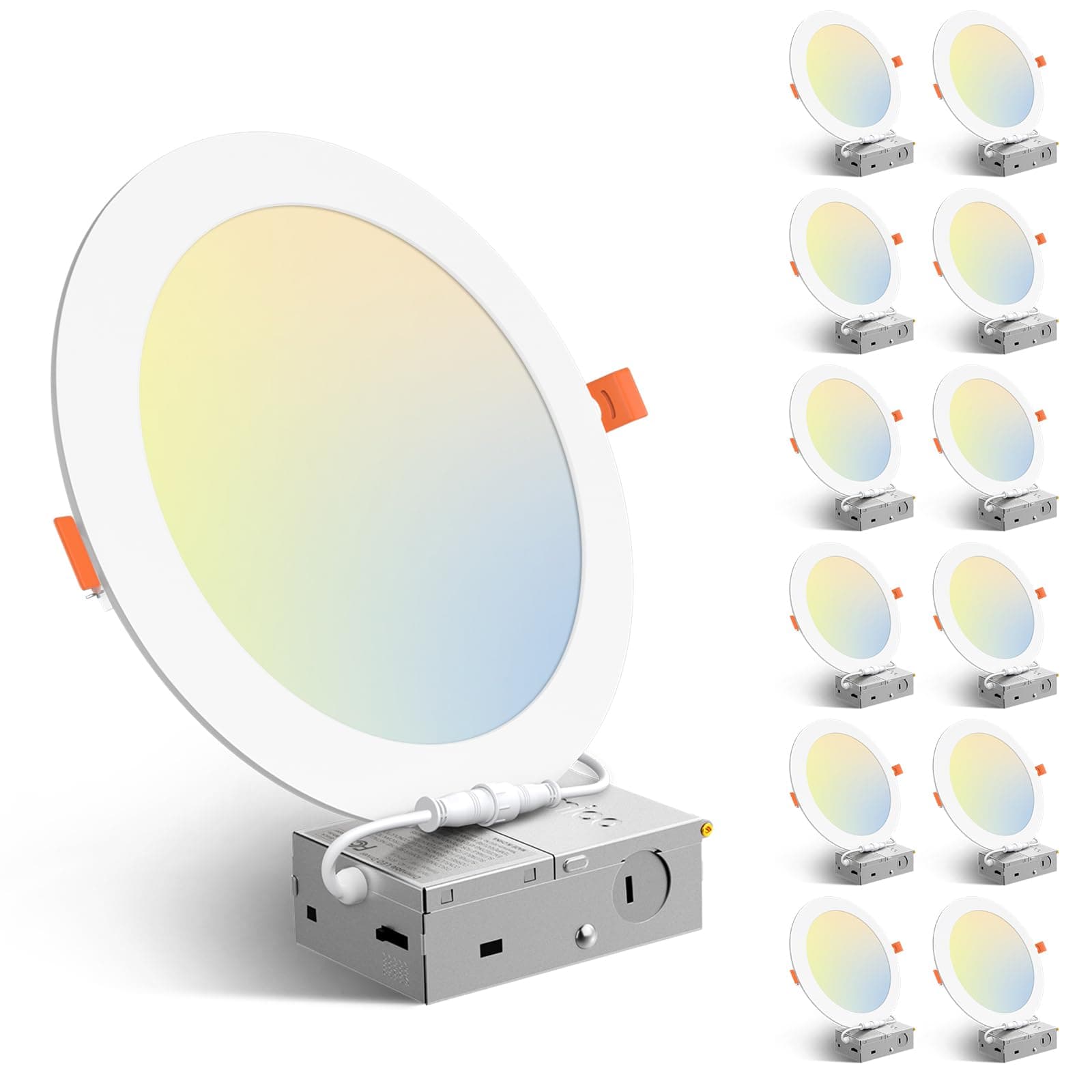 Amico 12 Pack 8 Inch 5CCT Ultra-Thin LED Recessed Ceiling Light with Junction Box, 2700K/3000K/3500K/4000K/5000K Selectable, 18W Eqv 125W, Dimmable Canless Wafer Downlight, 1600LM High Brightness -ETL