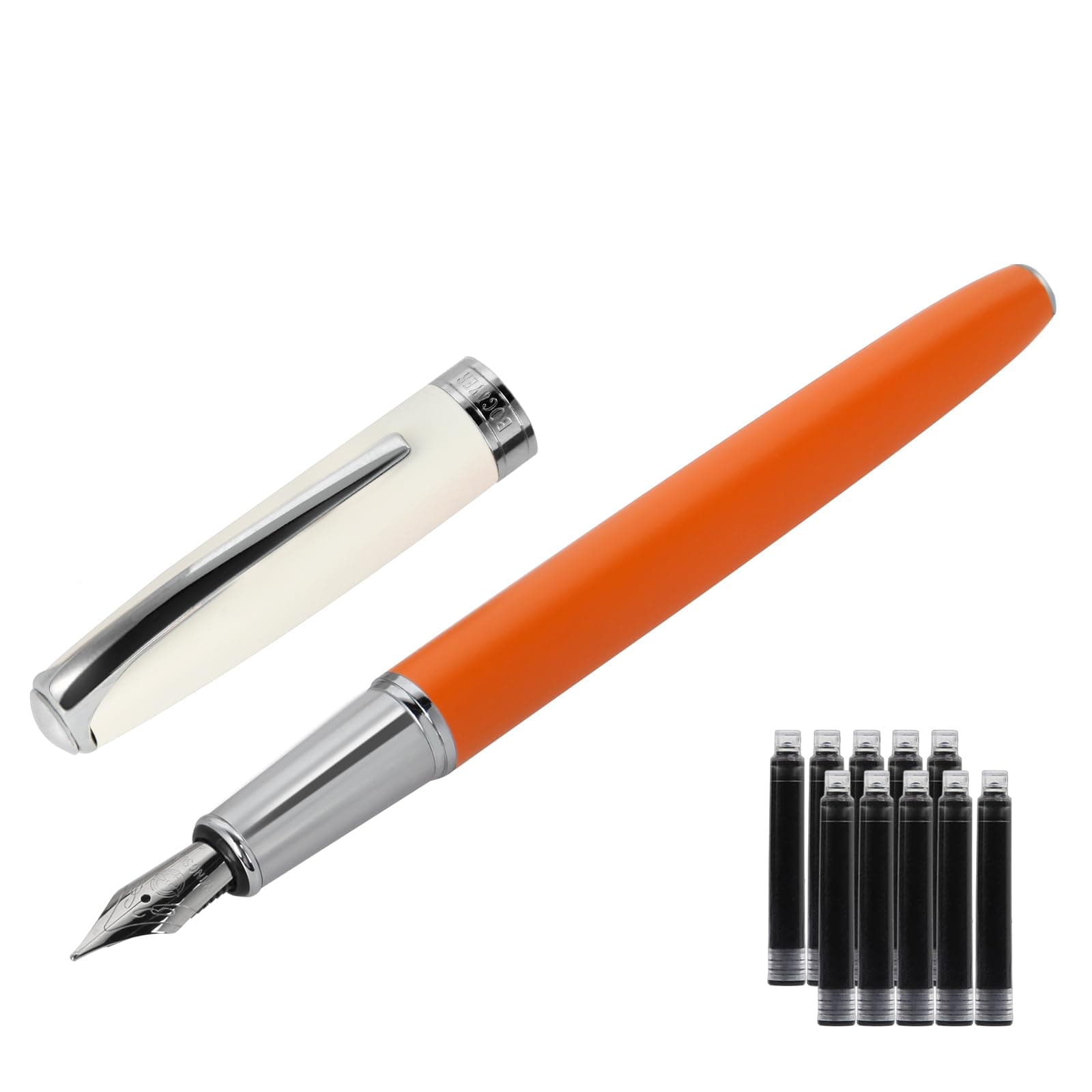 Contrast Color Fountain Pen Set - Medium Nib, Fancy Writing Instruments, Refillable Box (Orange)