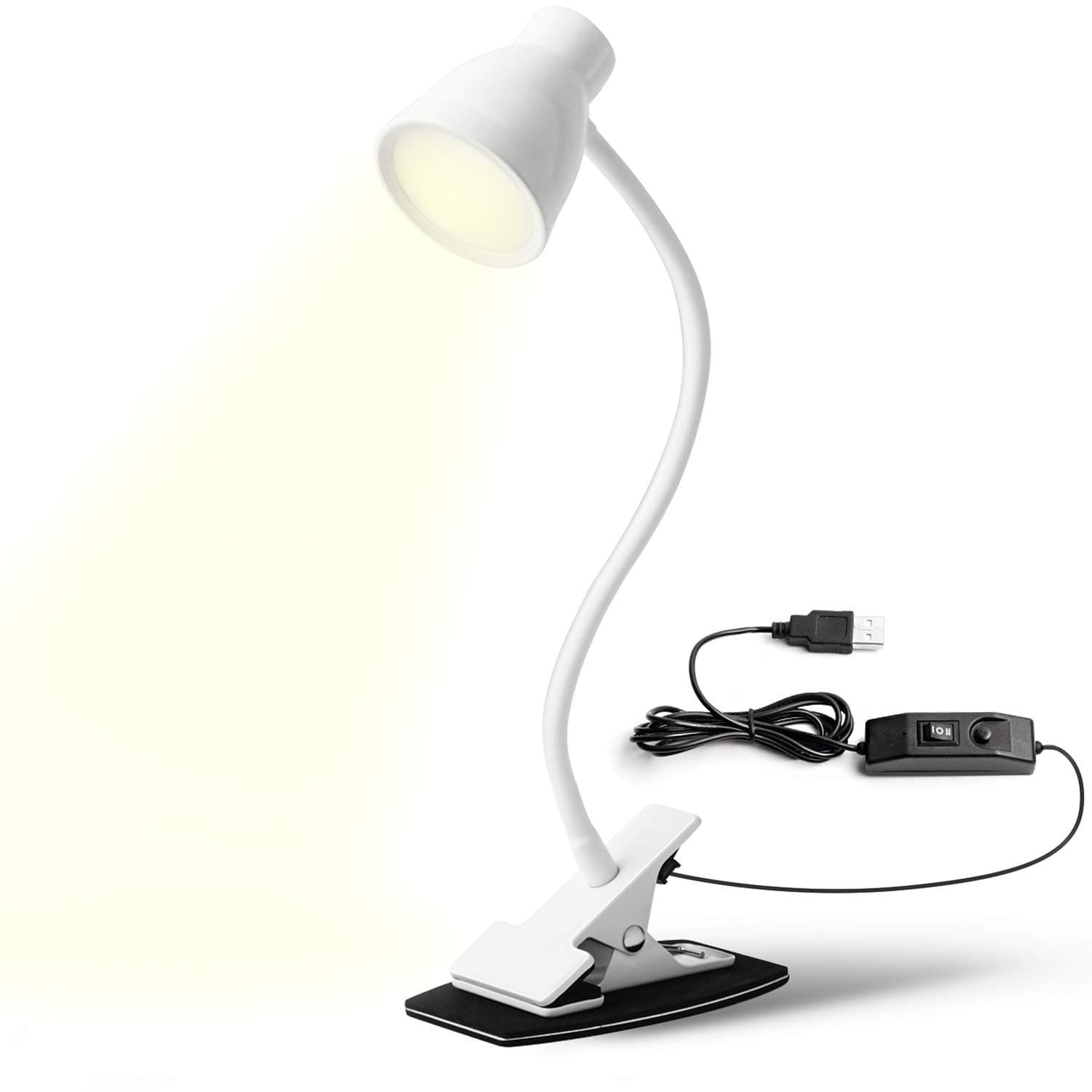 (2021 Upgrade) Clip On Desk Lamp-3 Color 11 Brightness,64 LED 10W Book Reading Light with USB Plug,Stepless Dimmer/Auto Off,Clamp Desk Lights for Bedside Computer Home Office (White)