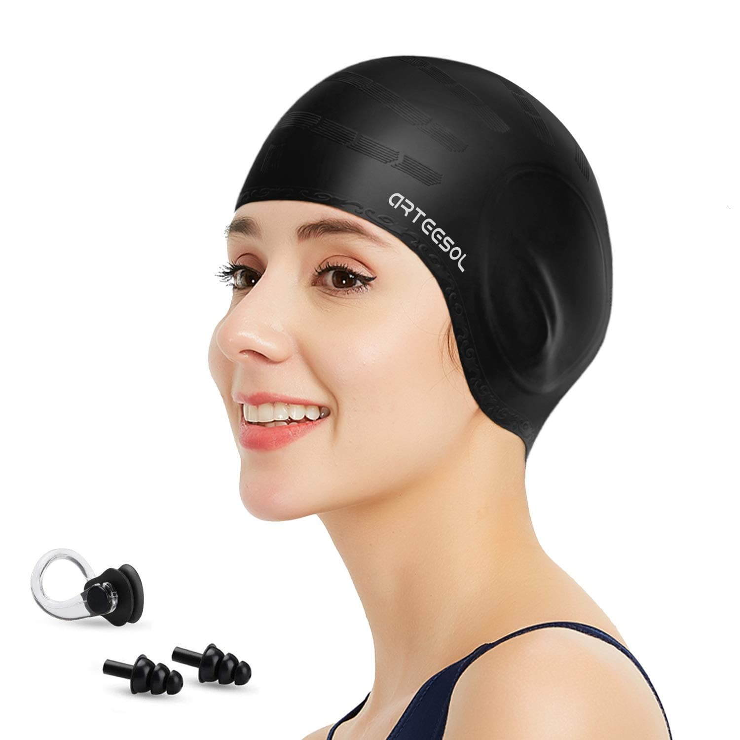 Silicone 3D Ear Protection Swim Cap - Latex-Free Non-Slip Waterproof for Long Hair/Thin Braids, Chlorine Resistant Tear-Resistant for Competitive Swimming, Comes with Ear Plugs & Nose Clip