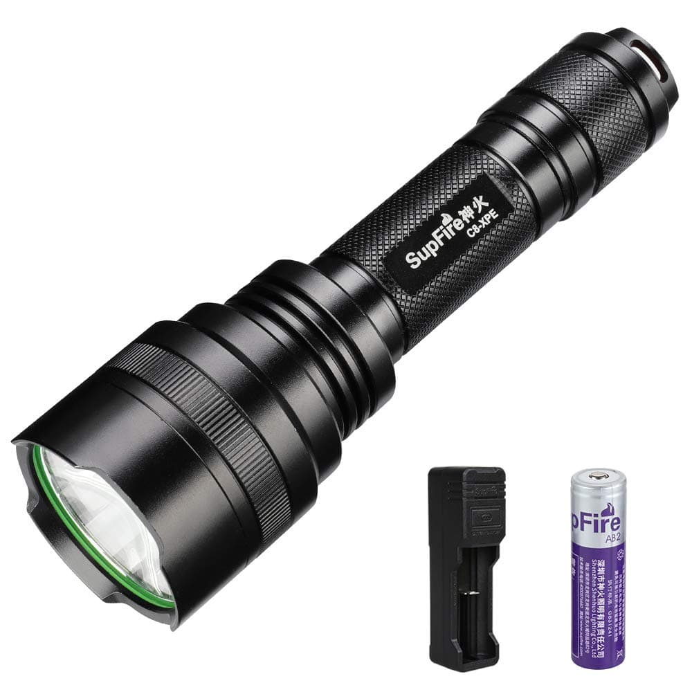 Supfire Tactical Flashlight LED Water-Proof Torch Super Bright 300 Lumens Cree XPE LED with 18650 Battery and AC Charger Included,5 Light Modes for Camping Hiking Cycling etc,Model C8-XPE