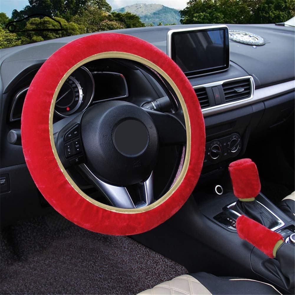 3Pcs Winter Warm Plush Steering Wheel Cover Handbrake Cover Gear Shift Cover Car Accessory,Red