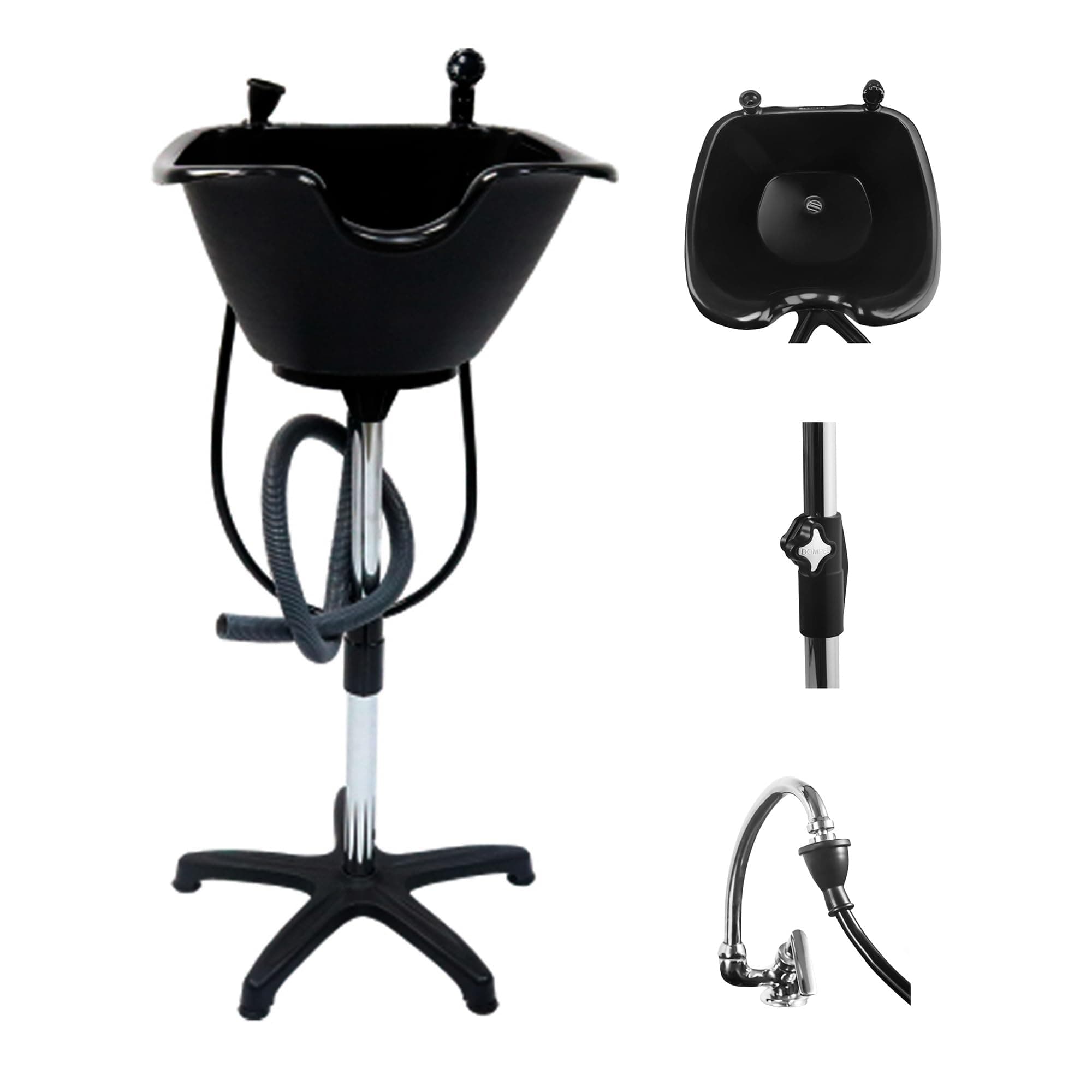 Dompel washing unit, portable shampoo basin, includes drain hose and Faucet with hose, adjustable height, light supports, Model: Facile 1890