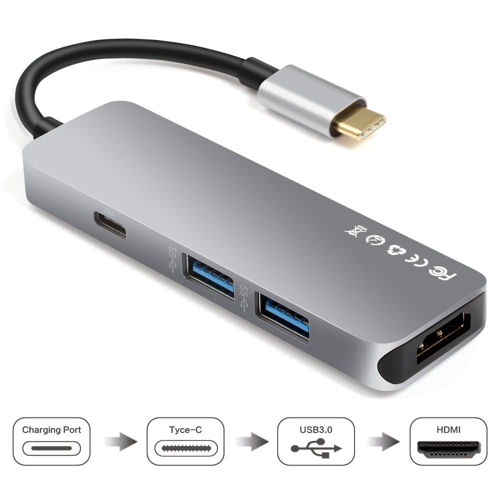 RayCue 4 in 1 Type C to HDMI Adapter, Type C Hub with 4K HDMI Output Port, 2 USB3.0 Ports and Type C Charging Port for MacBook Pro 2015/2016/2017, New MacBook(Grey)
