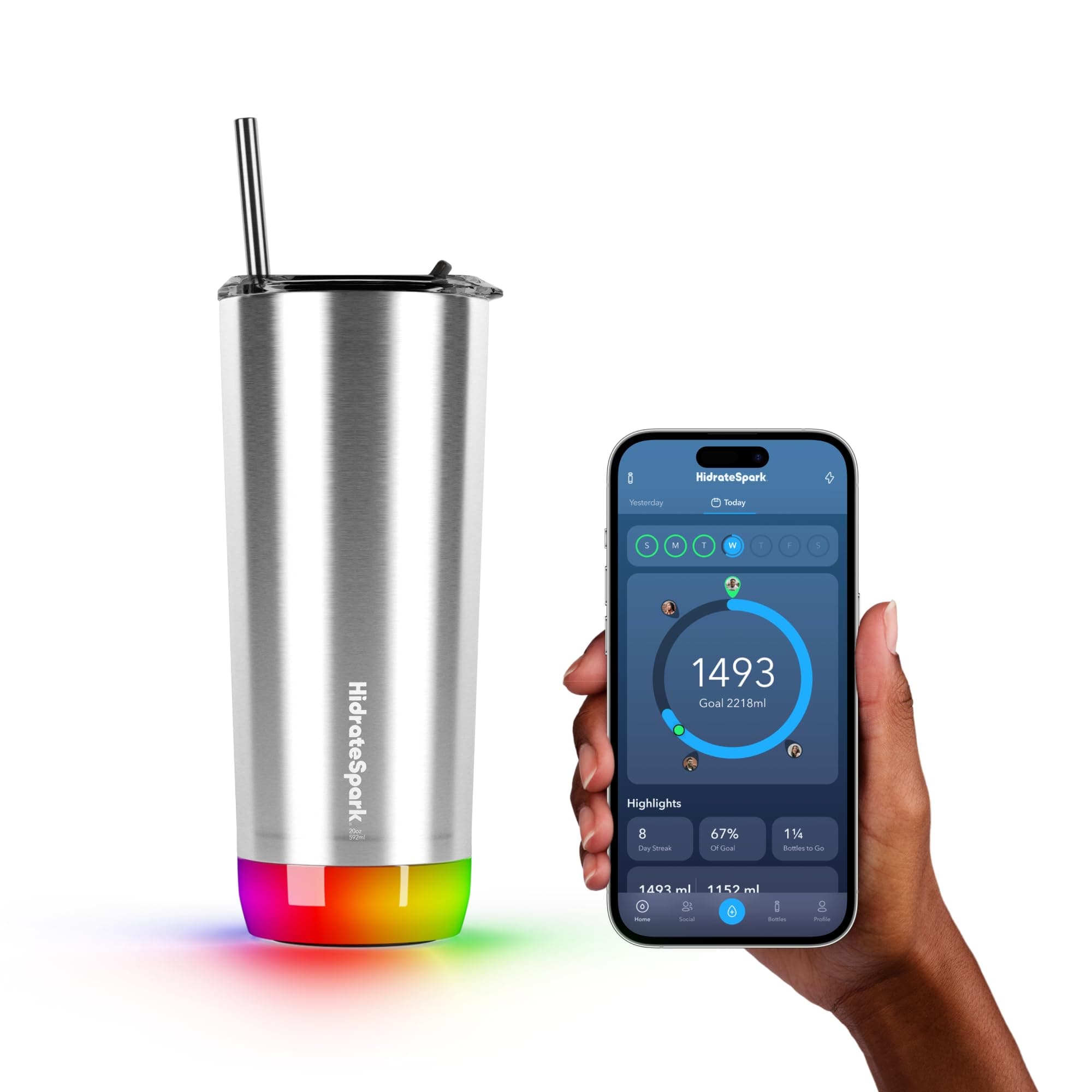 Hidrate Spark PRO Smart Tumbler Bundle – Insulated Stainless Steel – Tracks Water Intake with Bluetooth, LED Glow Reminder When You Need to Drink – 20oz (Black)