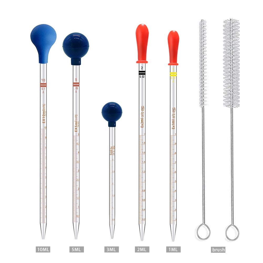 5PCS Thick Glass Graduated Dropper Pipettes Fluid and Liquid Pipettors 1ml 2ml 5ml 10ml 2PCS for Each with Caps and 2PCS Washing Brushes (33cm-13inch)