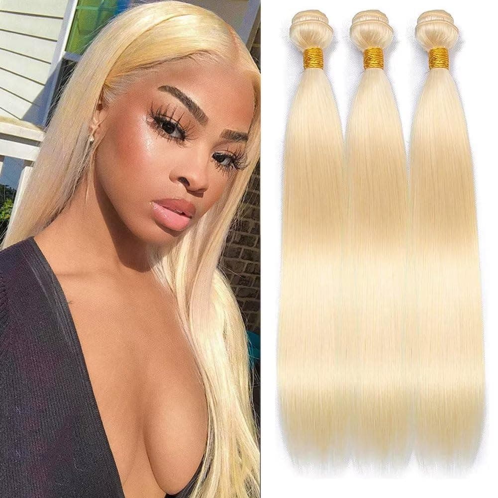 Ladiaryf Ladiary Human Hair Bundle 613# Blonde Straight Human Hair 3 Bundles 12 14 16 Inch Straight Hair Weave 100 Percent Virgin Human Hair Extensions Straight Hair Weave 613# Blonde Color