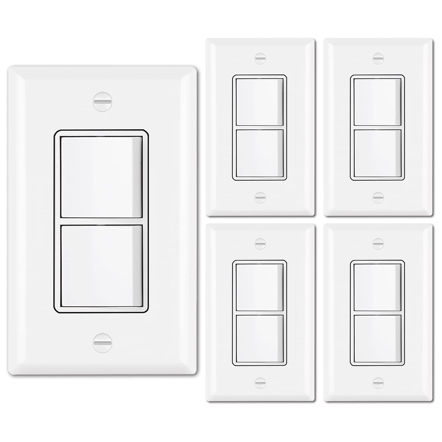 BESTTEN 5 Pack Double Light Switch, Single Pole, Combination Decorator Interrupters, 15A 120V, in-Wall On/Off Switch, Dual Paddle Rockers, Wallplate Included, UL Listed, White