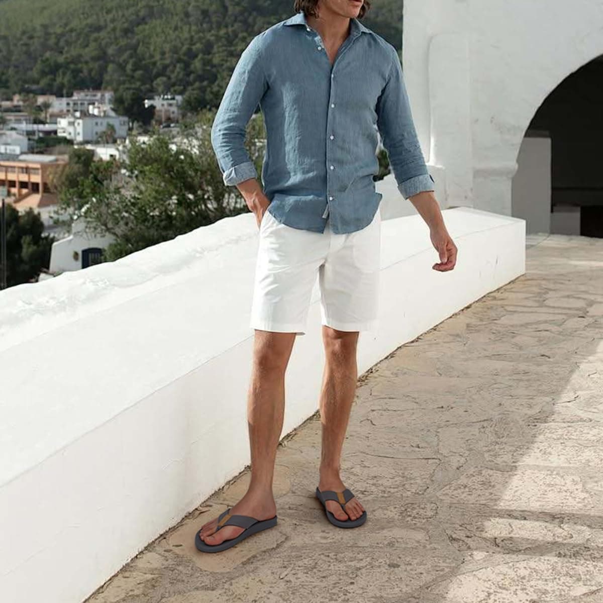 KuaiLu Mens Flip Flops Arch Support Comfortable Cushion Memory Foam Recovery Walking Waterproof Leather Thong Sandals Orthotic Plantar Fasciitis Summer Casual Beach Pool Slip on Slippers