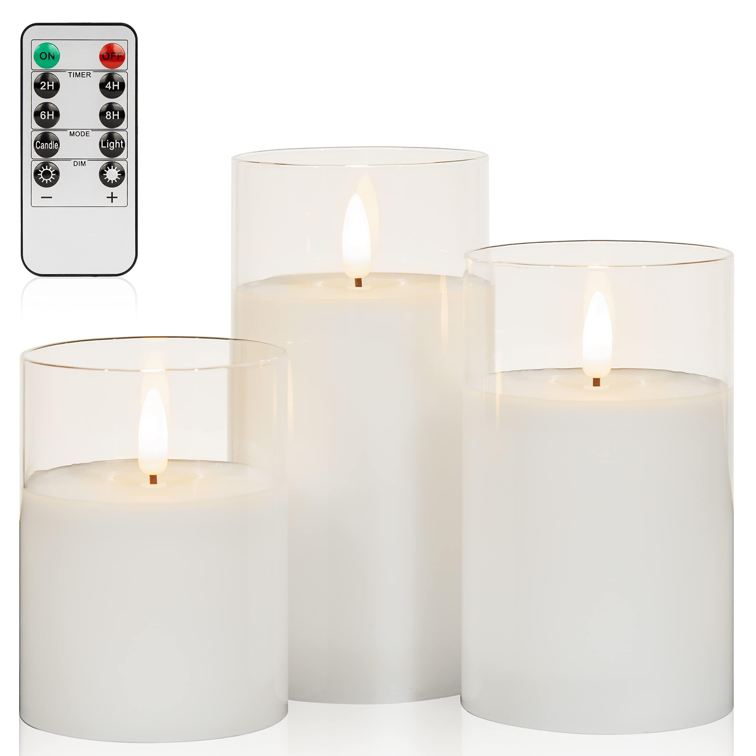 ANGELLOONG Glass Flameless Candles with Remote, White Battery Operated Candles with Timer, Electric Fake LED Candles for Bedroom Farmhouse Bathroom Coffee Table Decor, Clear