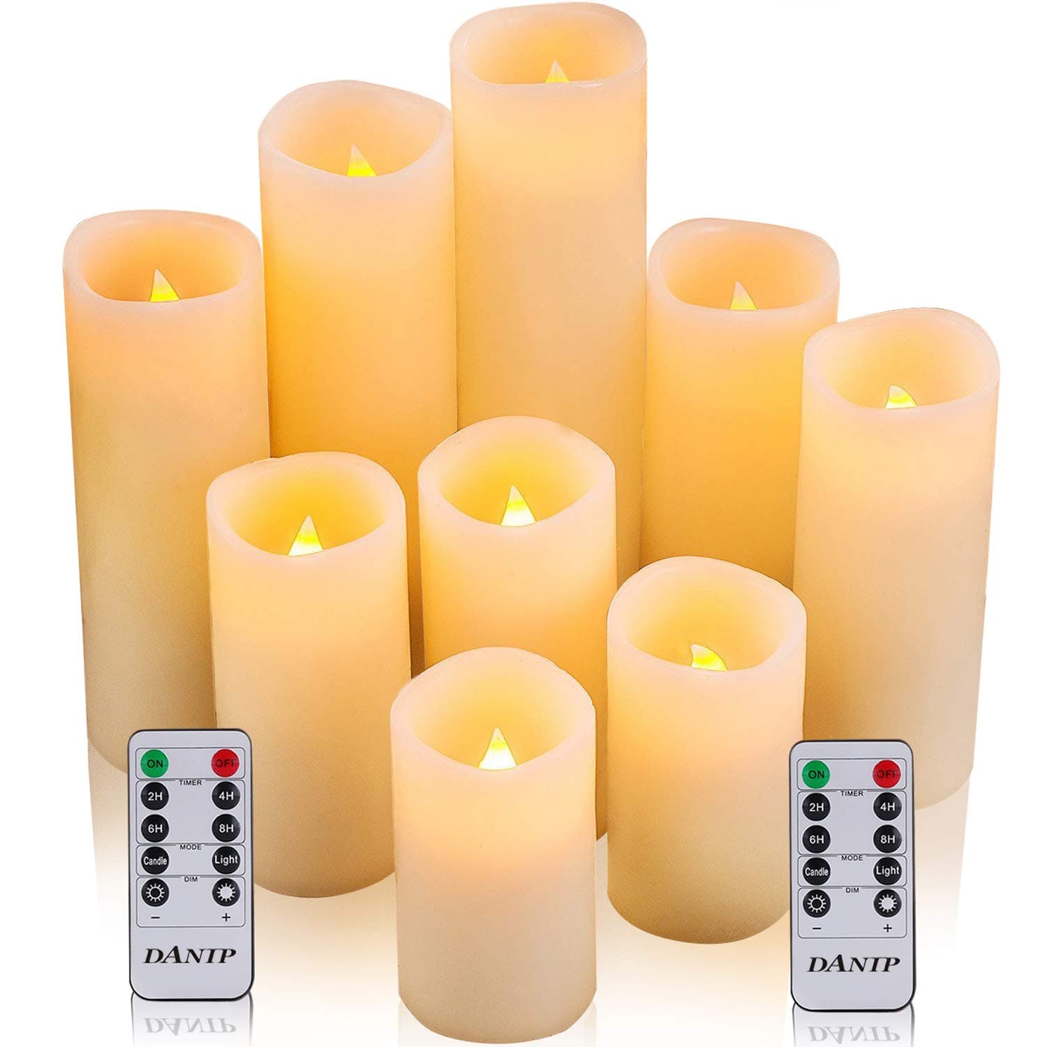 LED Flameless Candle Battery Powered Candle 4"5" 6"7" 8"9" 9-Piece Set Ivory Full Wax Column LED Candle 10-Button Remote Control 24 Hour Timer.