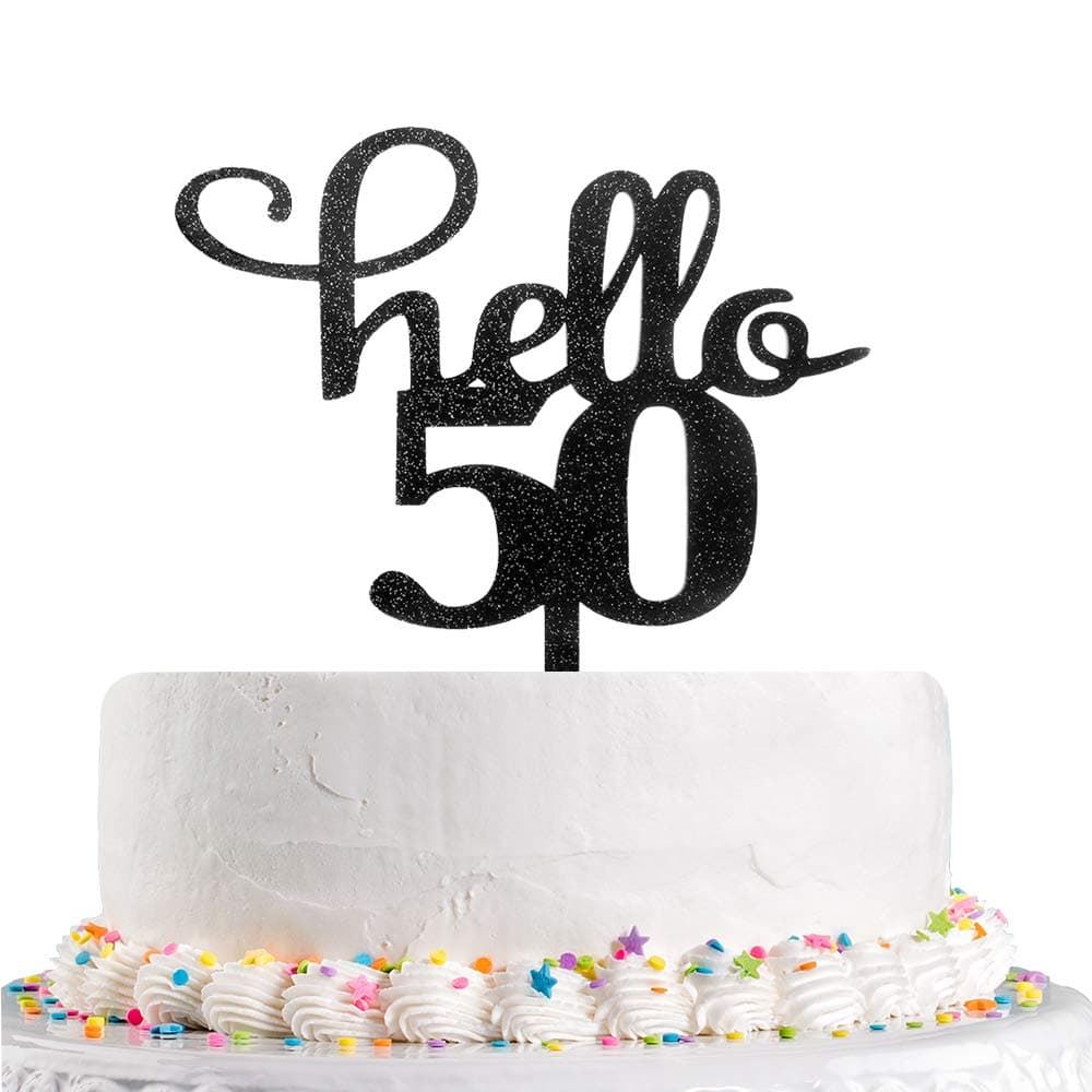 Hello 50 Cake Topper,Black Glitter Cheers to 50 Years 50th Birthday Wedding Anniversary Party Decoration Supplies(Acrylic)
