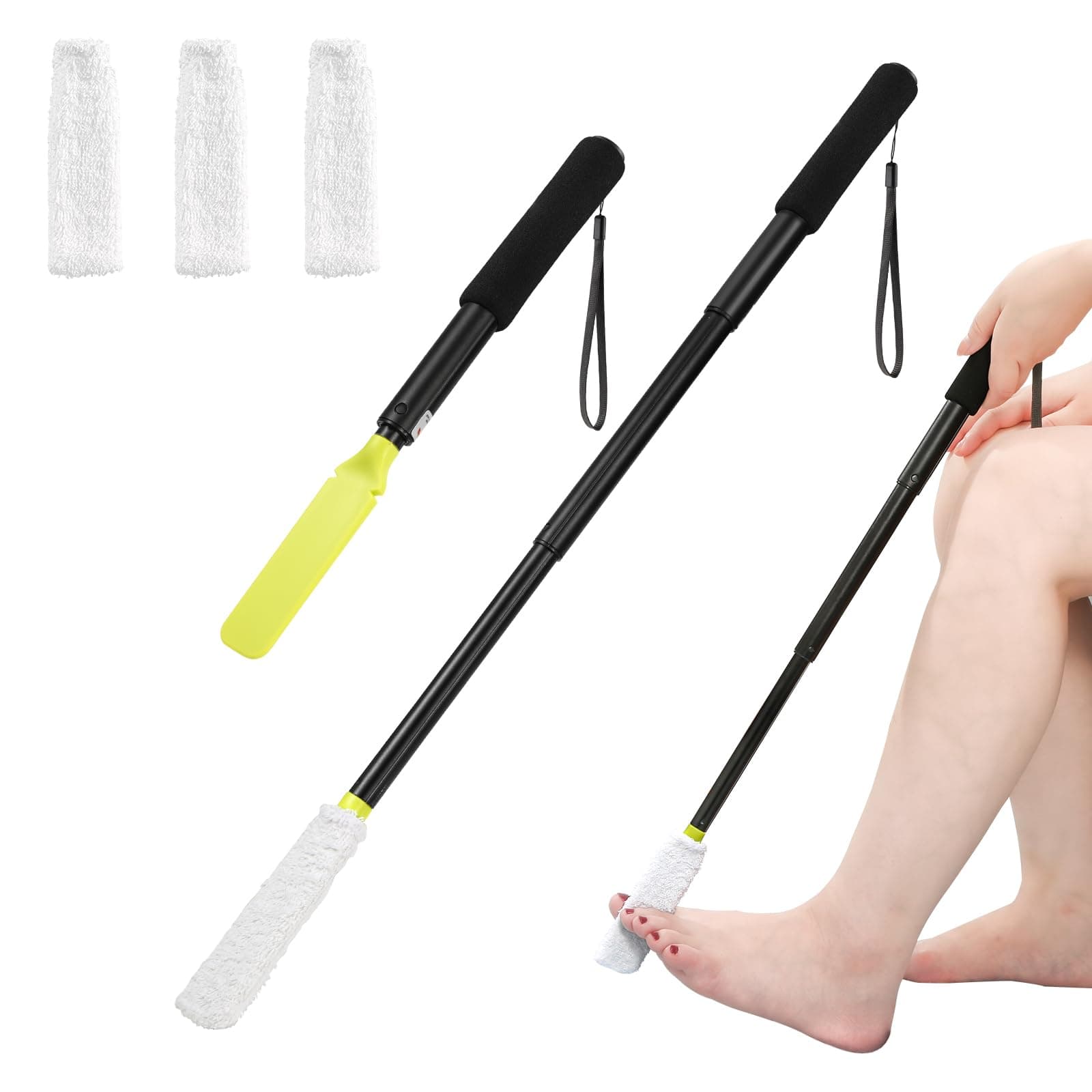 Toe Cleaning Brush,Foot Brush with Reusable Drying Covers.Foot Scrubber with Telescopic Aluminum Alloy 12"-24",Long- Handled Toe Lotion Applicator for Seniors,Elderly, Disabled Men and Women