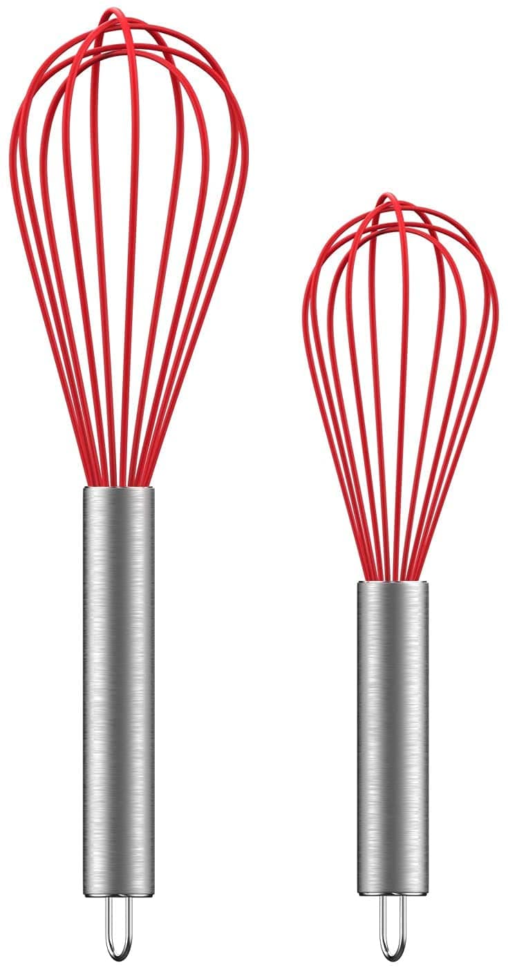 2 Pack Silicone Whisk Set Wire Kitchen Wisks for Cooking, Blending, Beating, Stirring, One Size, Red