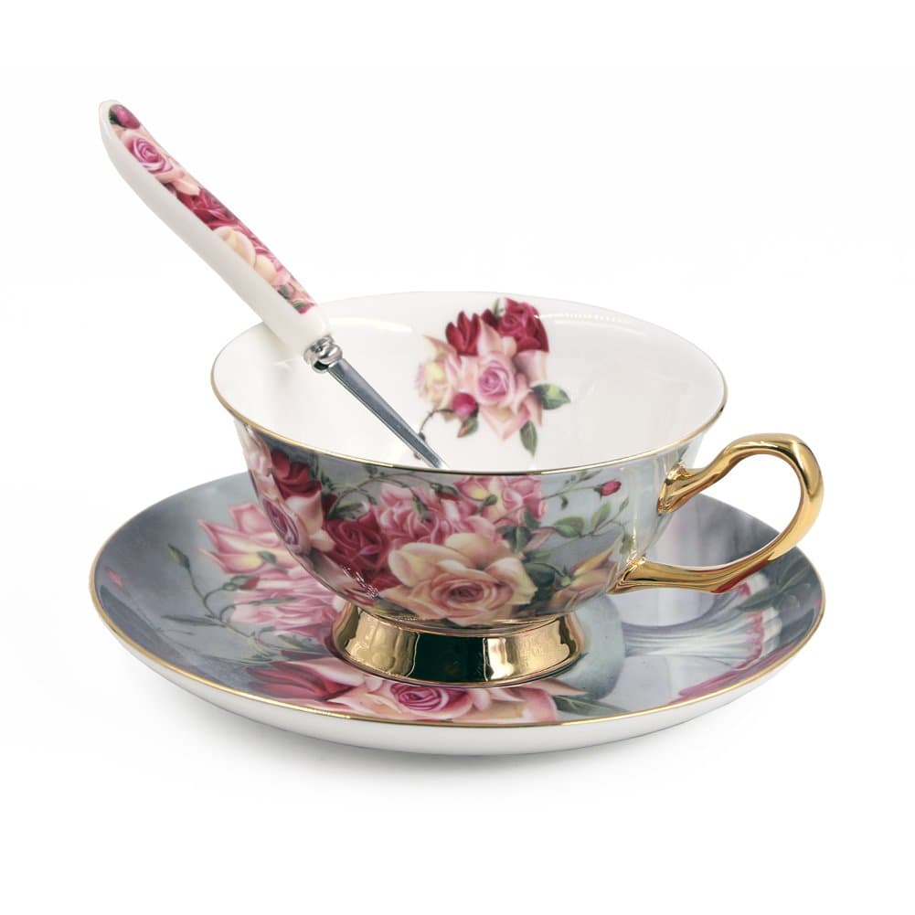 Premium Quality Bone China Coffee Cup Teacup & Saucer & Teaspoon Set, 7oz (Red Rose Printing)