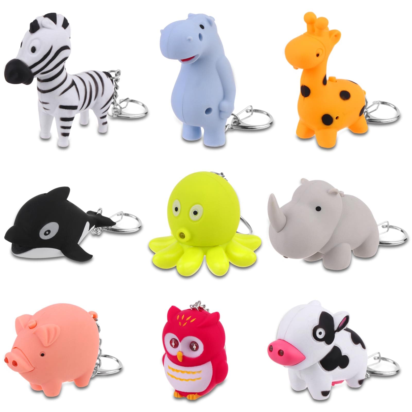 9 PCS Animal Flashlight Keychain - Pediatric Nurse Badge Reel with Cow, Giraffe, Elephant, Octopus, Dolphin, Pig, Hippo, Owl, Zebra Designs