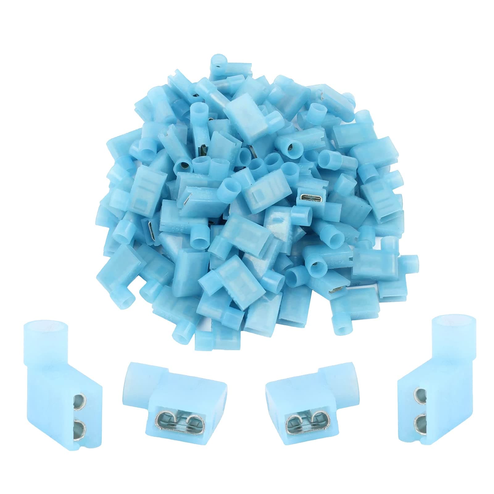 Teansic 100Pcs Nylon Flag Spade Connectors Fully Insulated Right Angle Crimp Terminal Quick Disconnects 16-14 AWG Electrical Wire Connectors - Blue