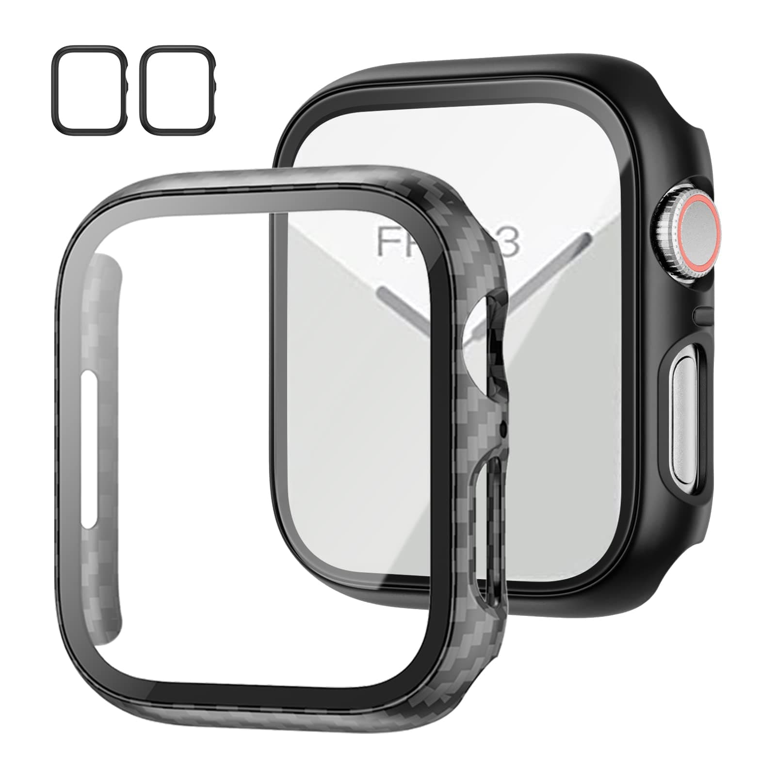 2 Pack Case with Tempered Glass Screen Protector for Apple Watch Series 9/8/7 45mm,JZK Slim Guard Bumper Full Coverage Hard PC Protective Cover Thin Case for iWatch 45mm Accessories,Carbon Fibre