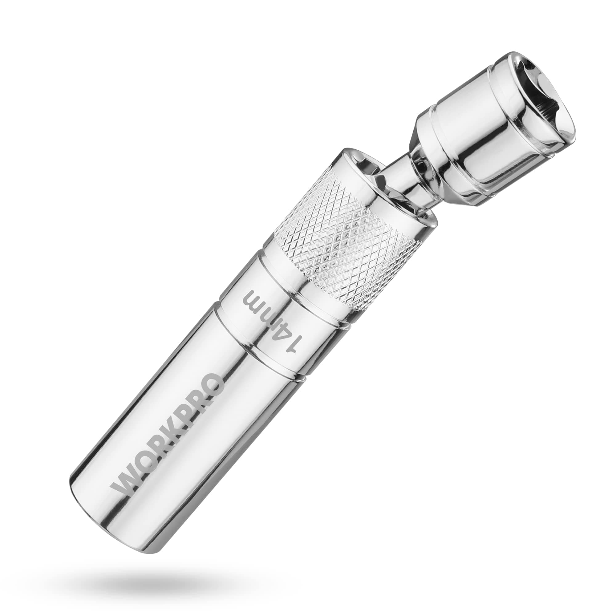 WORKPRO 14 mm Magnetic Spark Plug Socket with Magnetic Design, Swivel Thin Wall Spark Plug Socket, 3/8" Drive x 4" Total Length, 360 Degree Swivel, 12 Point