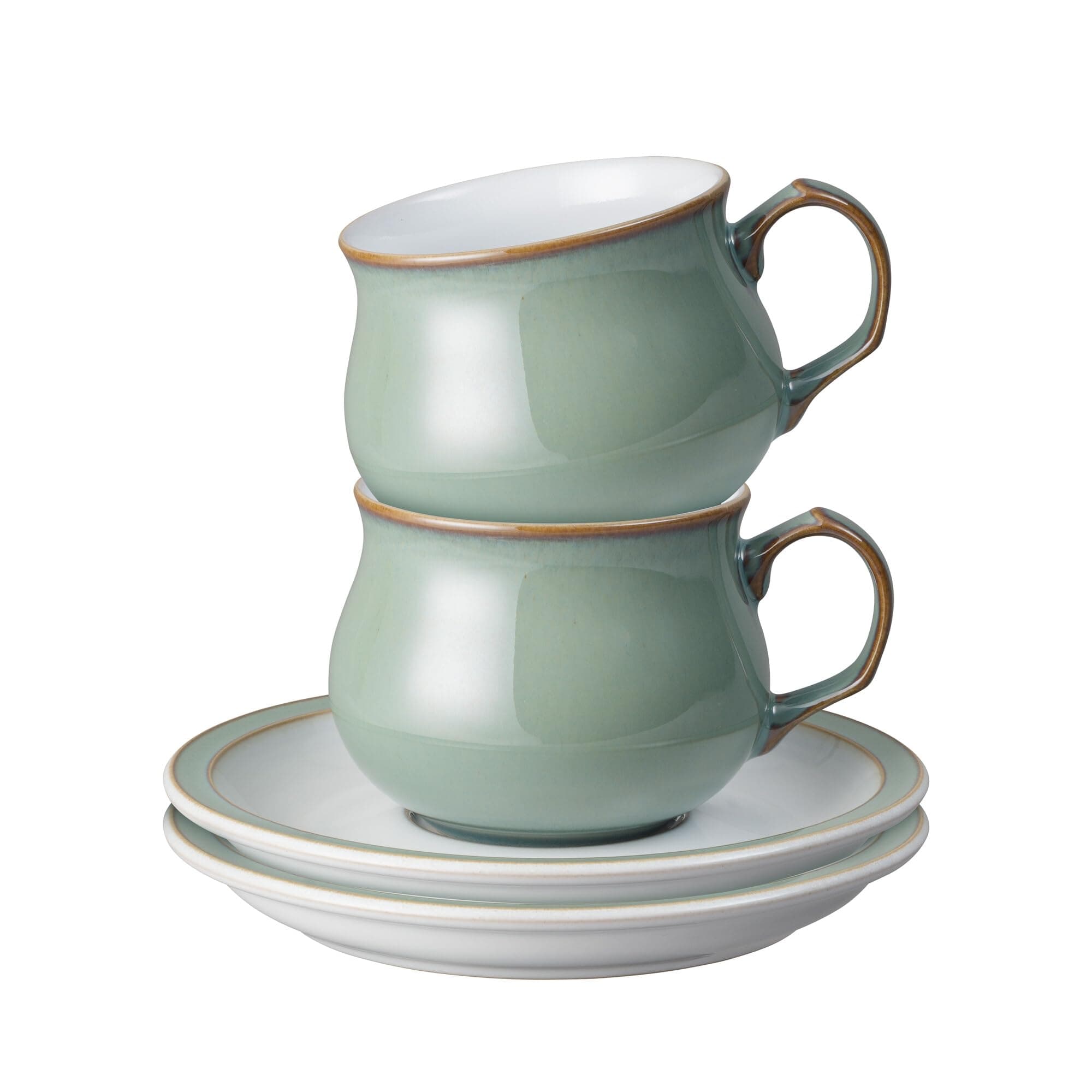 Denby - Regency Green Tea Cup and Saucer Set of 2 - 200ml Stoneware Ceramic Coffee Mug and Saucer Set - Tea Party Set - Dishwasher Safe, Microwave Safe - Green, White - Chip Resistant