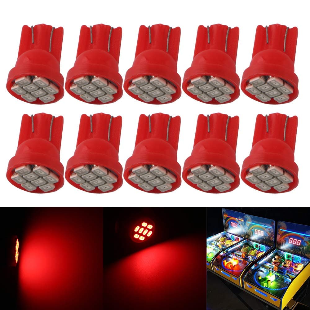 Non-polar AC DC 6V 6.3V 555 T10 194 168 W5W Bayonet Led Bulb for Arcade Pinball Led Bulbs Pinball Gaming Machine Light Bulb Lamp(Pack of 10,Red)
