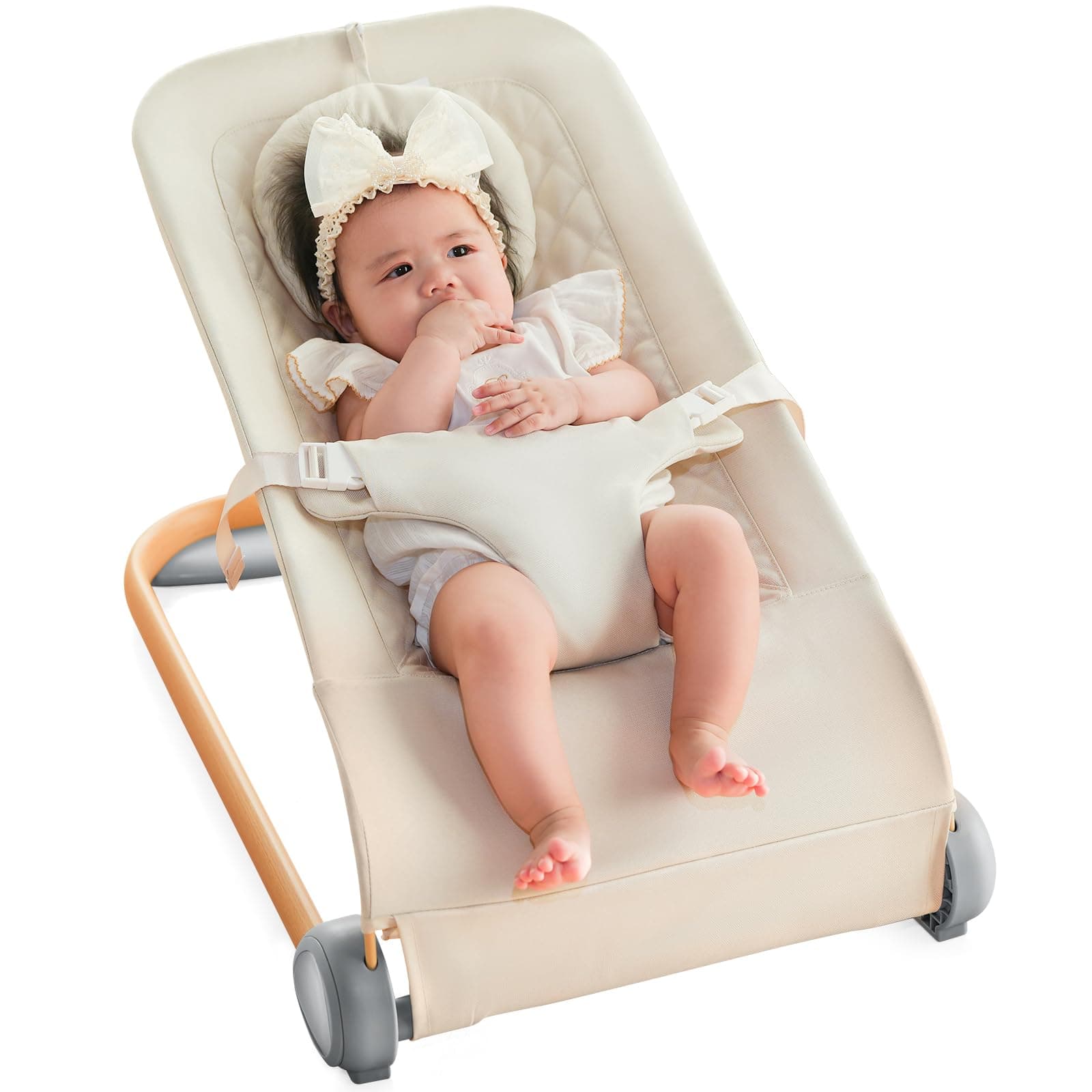 Fodoss Baby Bouncer, Portable Bouncer Seat for Baby, Ergonomic Baby Bouncer Chair, Baby Bassinet, Beige