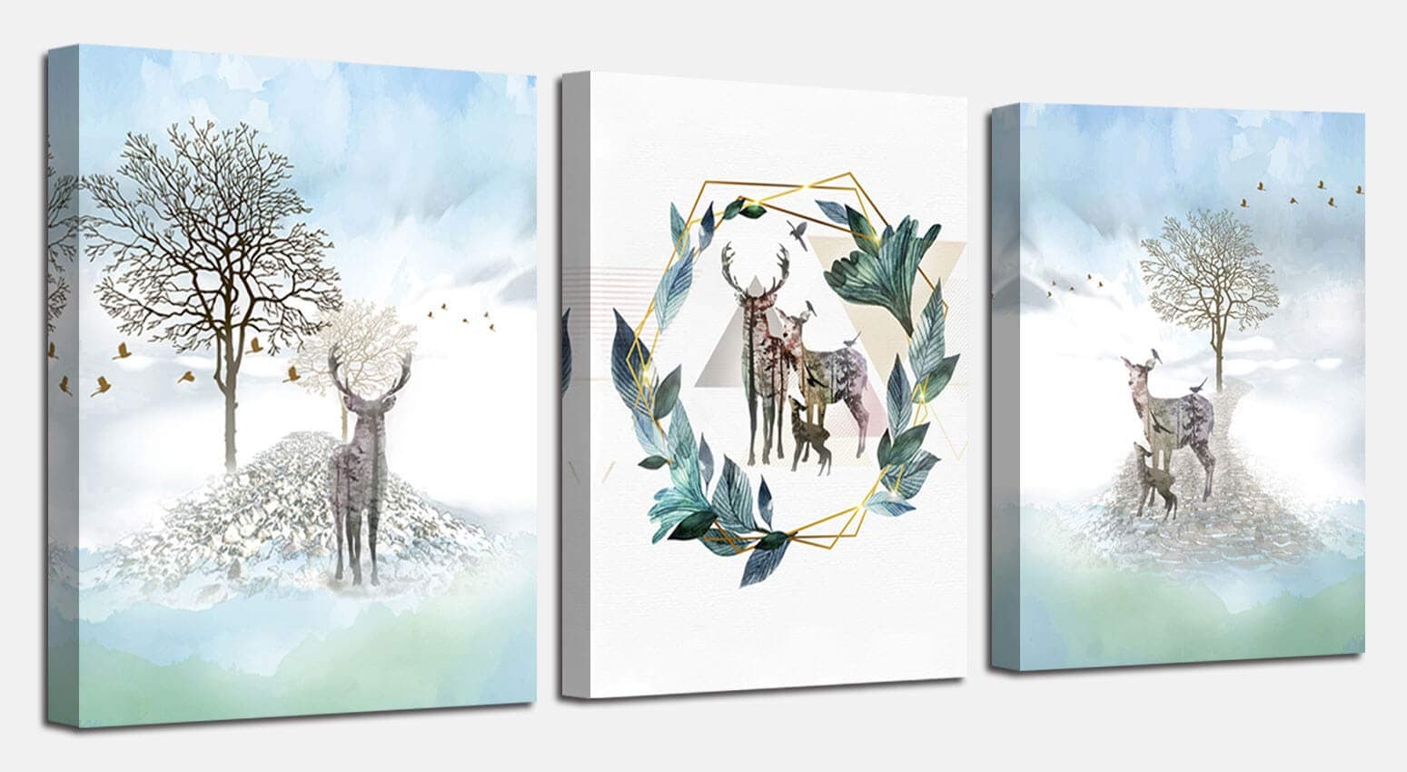 Canvas Wall Art Abstract Blue Landscape 3 Panels Pictures Geometry Green Leaf Deer Wildlife Animals Painting Modern Watercolor Elk Framed Artwork for Bedroom Bathroom Living Room Home Office Decor