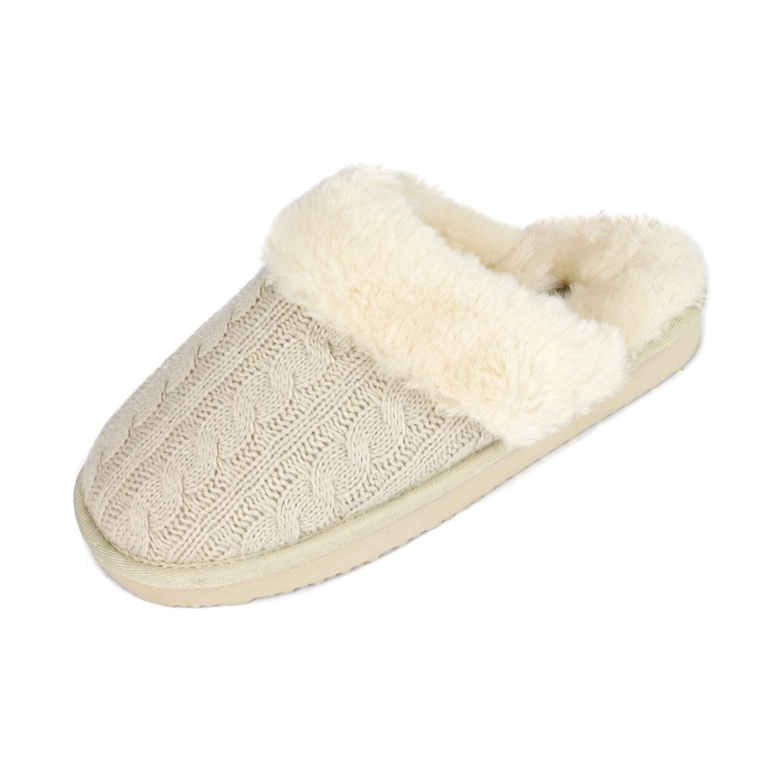 Women's Cable Knit Faux Fur Mules Comfy Slippers