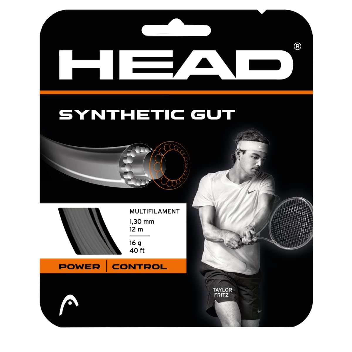 Synthetic Gut Tennis String Full Set, 16 Gauge, Black, 40 Foot Length