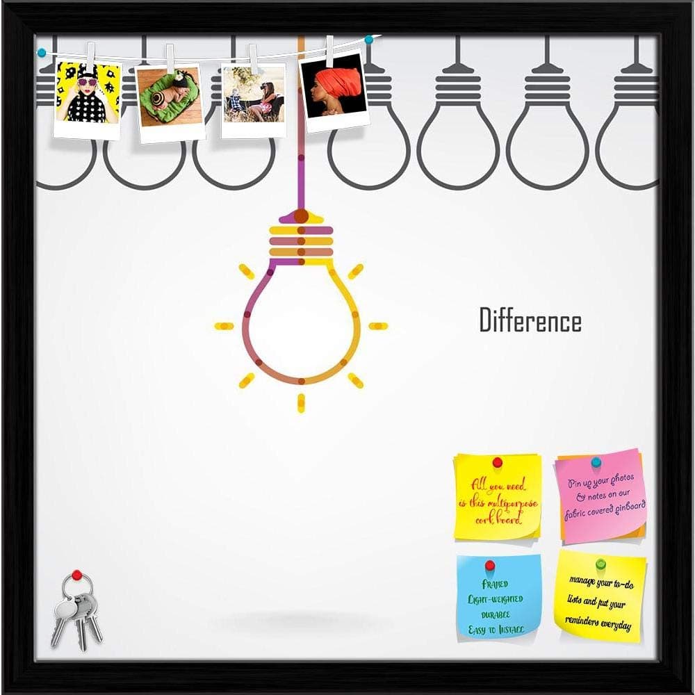 ArtzFolio Creative Light Bulb | Bulletin Board Notice Pin Board | Vision Soft Board Combo with Thumb Push Pins & Sticky Notes | Black Frame | 12 x 12 inch (30 x 30 cms)