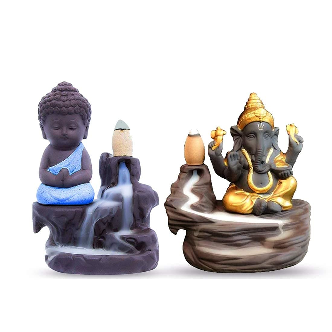 STARDOM MART Buddha Ganesha Combo, Smoke Fountain Backflow Waterfall Cone Incense Holder Showpiece Statue with 50 Back Flow Incense Cones (SkyBlue & Gold)(Resin, Conical)