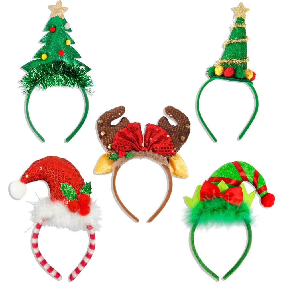 HOOTO 5 Pieces Christmas Headbands Xmas Headwear Reindeer Costume Hair Headband Christmas Xmas Tree Headband Assorted Styles for Christmas Party Accessories Style B