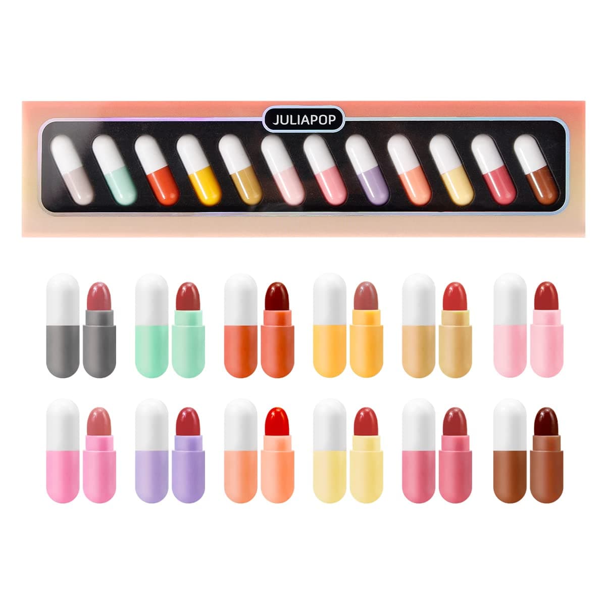 Mini Lipstick Set, 12 Colors Capsules Matte Pill Shaped Lipstick, Waterproof Long Lasting Mini Capsules Velvet Lipstick Set for Women (12 PCS)