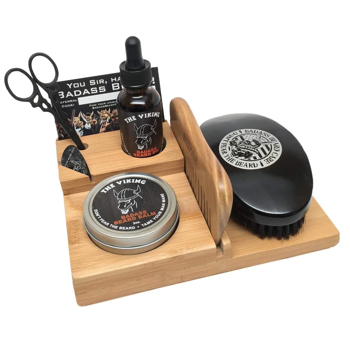 The Loaded Full Size Caddy Features Our Handmade, Solid Bamboo - Includes 1oz of Beard Oil, 2oz of Balm or Wax, Comb, Boars Hair Brush & Mustache Scissors of Your Choice