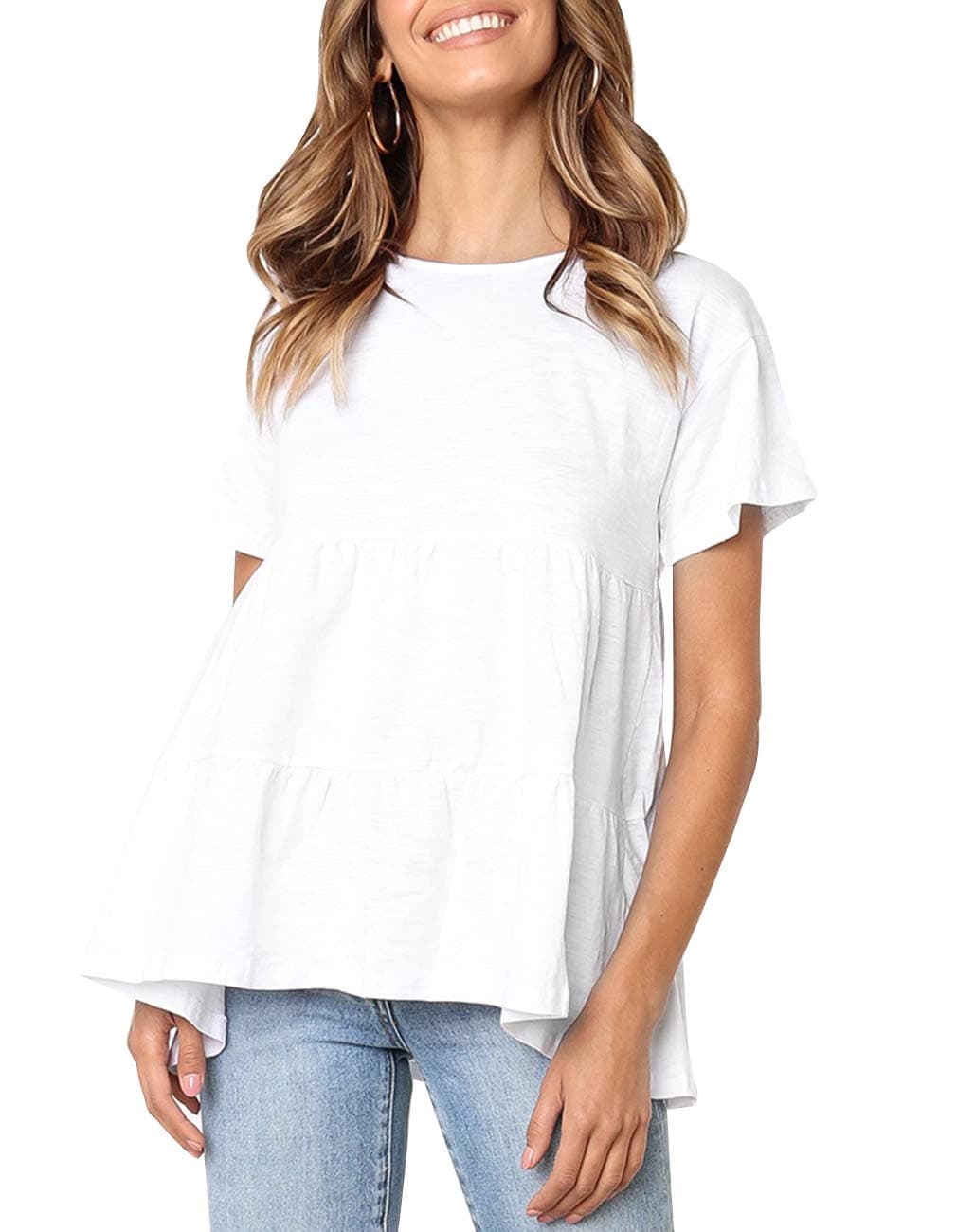 Women's Short Sleeve Flounce Blouse Loose Solid Ruffle High Low Hem Tunic Top Casual Round Neck T Shirt (White, S)