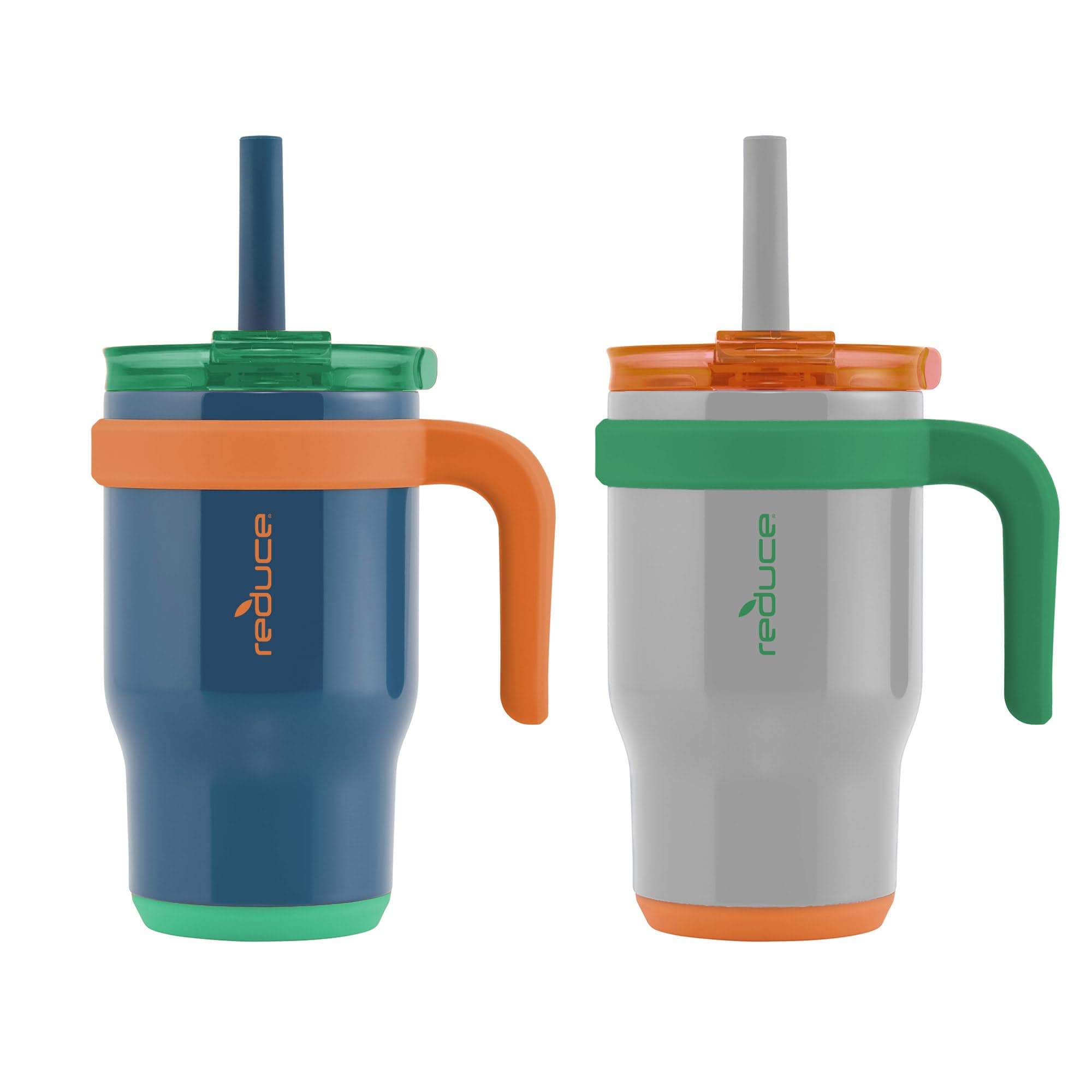 REDUCE 14 oz Coldee Tumbler with Handle for Kids - 2 Pack, Leakproof Insulated Stainless Steel Mug with Lid & Spill-Proof Straw, Keeps Drinks Cold up to 18 Hrs, Grey and Navy