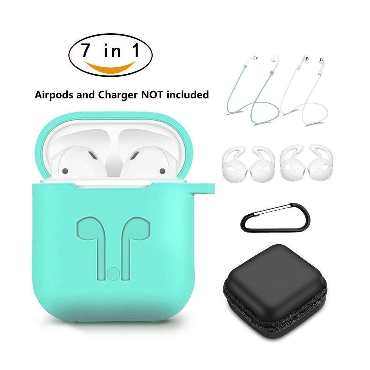 AirPods Case 7 in 1 Airpods Accessories Kits Protective Silicone Cover and Skin for Apple Airpods 1 & 2 Charging Case with Airpods Ear Hook Airpods Straps (Light Green)