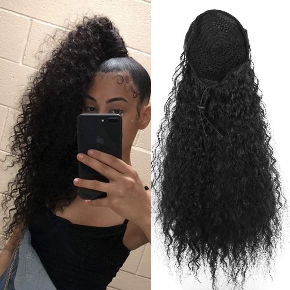 Deyngs Long Drawstring Ponytail Extension Heat Resistant Synthetic Afro Corn Wave Wrap Around Ponytail And Kinky Curly Wave Hair Extensions (1B#)