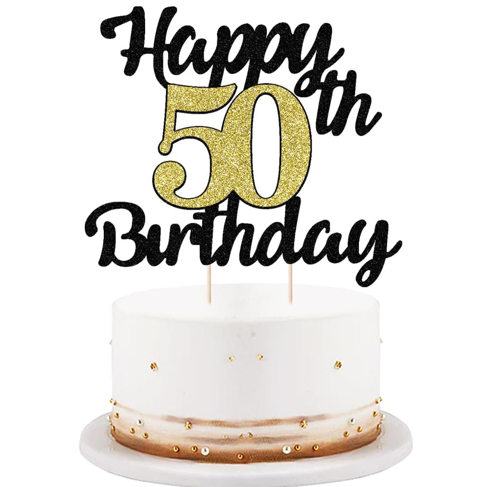 LVEUD happy birthday cake topper Black Font Golden Numbers 50th birthday happy Cake Topper -Birthday Party Decorations (50th)