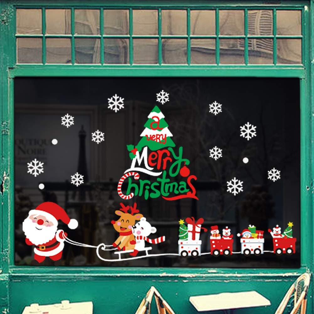 6 Sheets Christmas Window Sticker Christmas Trees Wall Sticker Santa Claus Window Clings Decor Xmas Snowman Decoration Ornament Snowflake Deer Hanging Ball Christmas Window Display for Christmas Decor