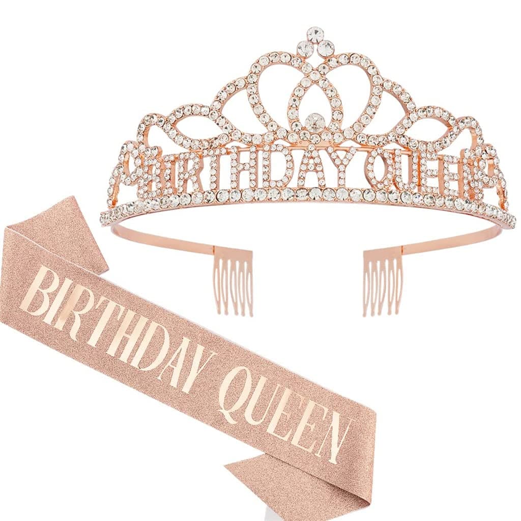 Birthday Crown and Sash for Women - Queen Tiara Headband With Rhinestones, Princess Crown, Happy Birthday Accessories - Rose Gold