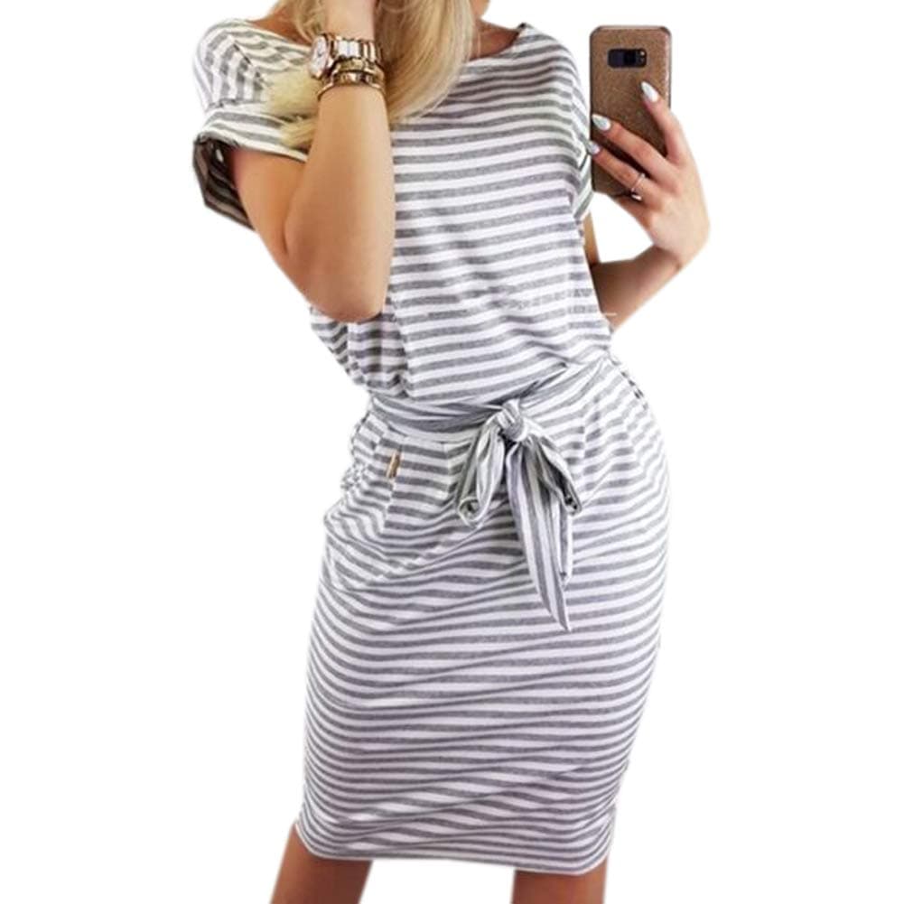 PALINDA Women's Striped Elegant Short Sleeve Wear to Work Casual Pencil Dress with Belt
