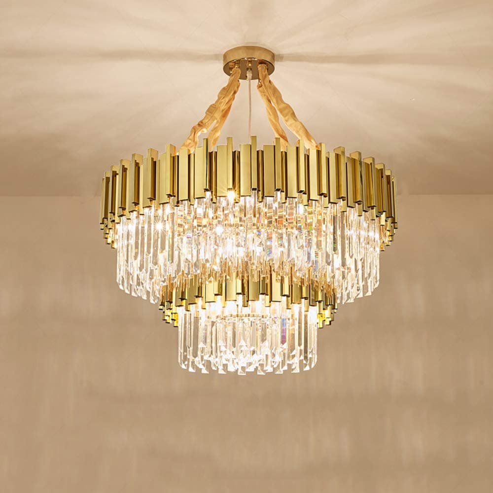 FlanDre® Luxury Simple Golden Crystal Chandelier LED Light Source Tricolor Light Hotel Villa Lamps (55cm high)