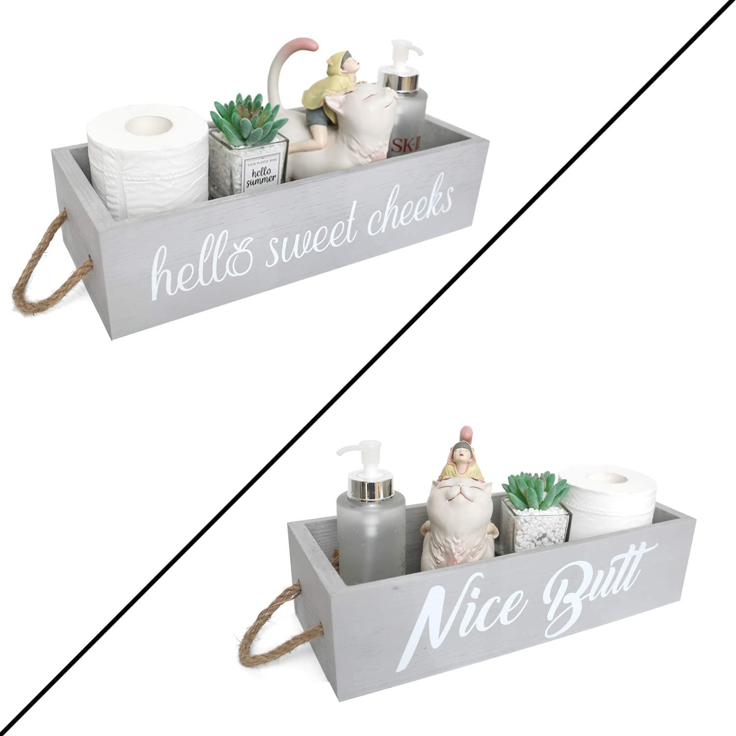 Farmhouse Bathroom Decor Box, 2 Sides with Funny Sayings - Wooden Toilet Paper Holder, Farmhouse Bathroom Decor, Rustic Home Decor Box for Bathroom, Kitchen (White)