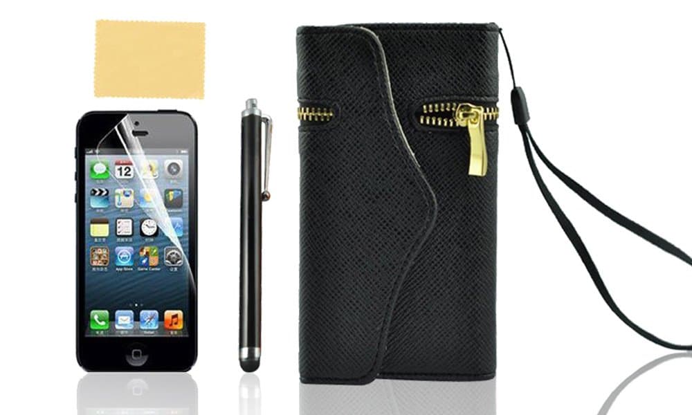 iphone 5S Case, Nccypo Wallet Purse Zipper Leather Case Cover with Credit Card Slots for iPhone 5(Black), with Screen Protector, Stylus and Cleaning Cloth