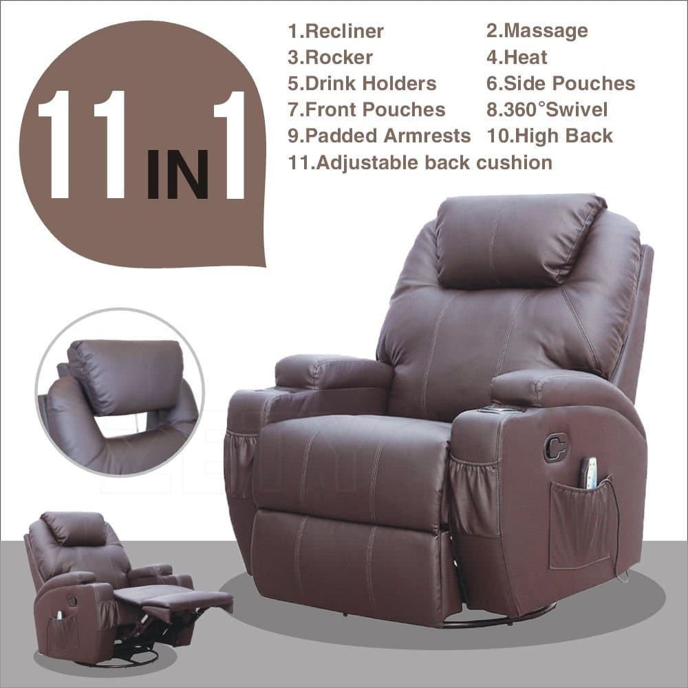 Massage Recliner Sofa Chair Ergonomic Deluxe Lounge Swivel Heated Control Brown