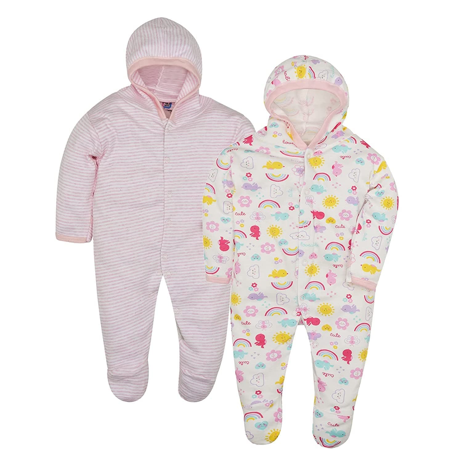 Appu Kids Front Open Full Sleeves Sleepsuit Hooded with Foot Easy Dressing and Diapering Romper Set of 2