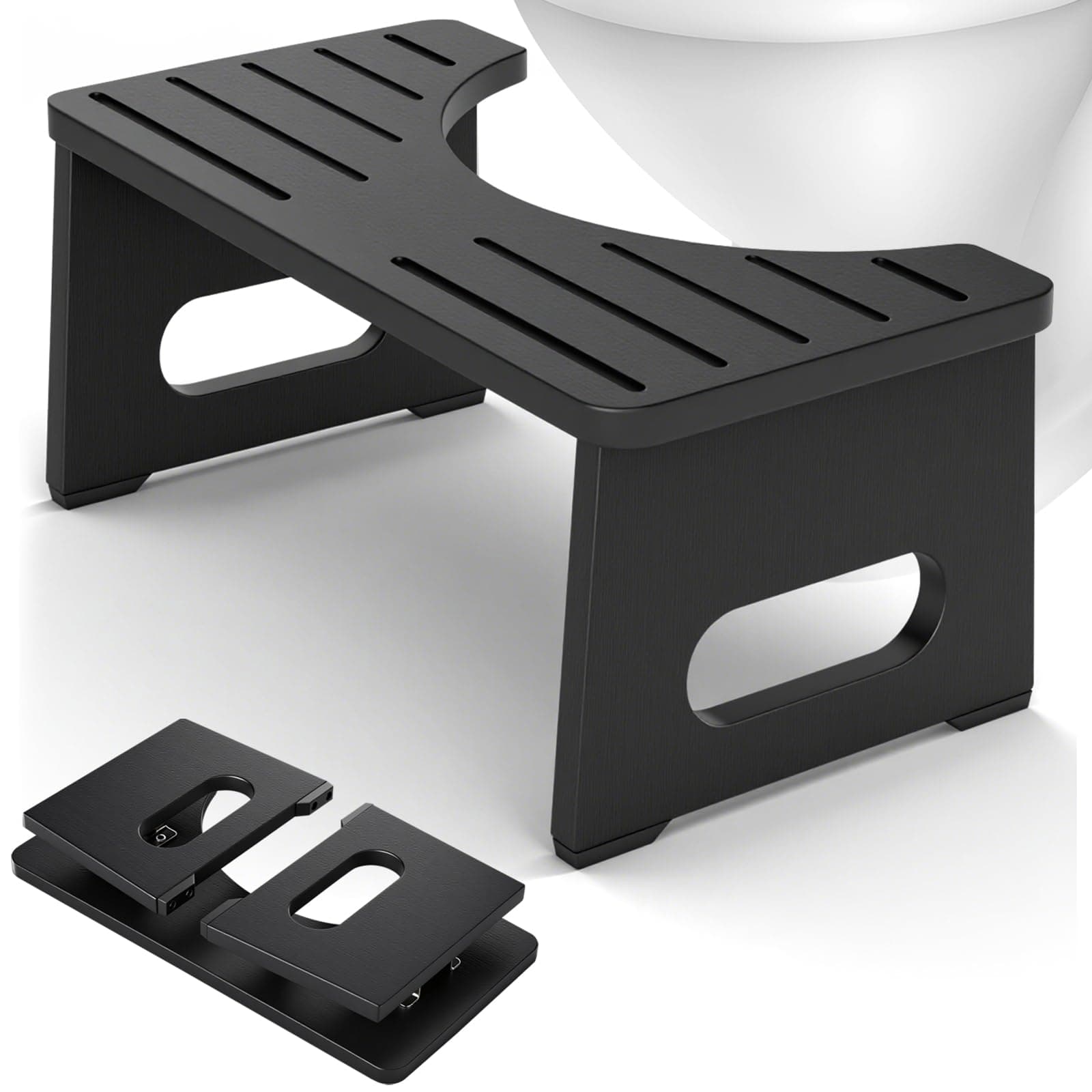 Foldable Toilet Stool, 7 Inch Poop Stool for Bathroom, Bamboo Toilet Stool Squat Adults, Dual Anti-Slip Potty Step Stool for Pooping, Improve Squatting Posture and Comfort for Kids Seniors, Black
